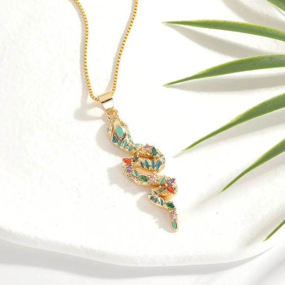 Enamel Snake with Rhinestones Gold tone Necklace - Picture 2 of 15